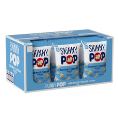 SkinnyPop Aged White Cheddar 12-pack front showing a crunchy, crowd-pleasing snack