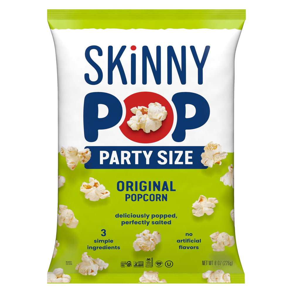 SkinnyPop Original 8oz bag packaging, ideal for sharing and on-the-go snacking.