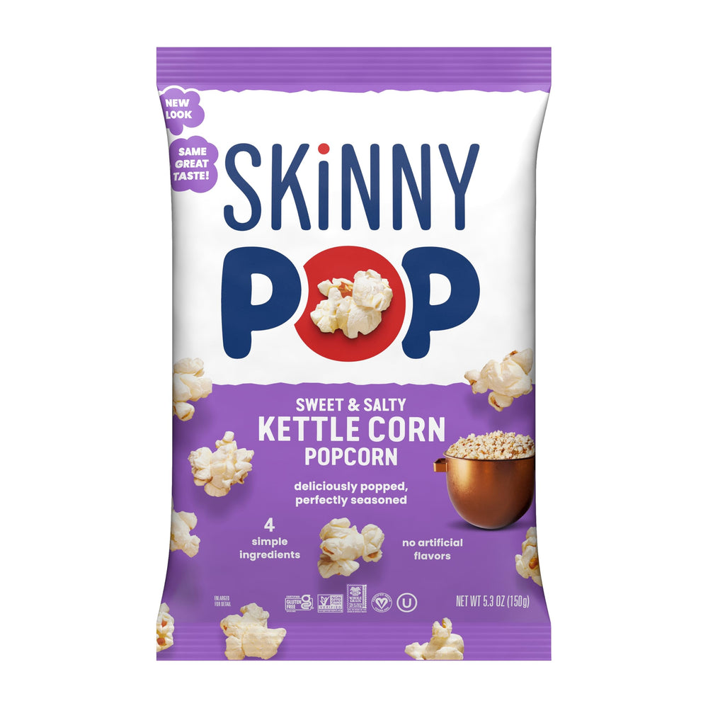 SkinnyPop Sweet & Salty Kettle front bag ready for on-the-go snacking.