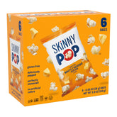 SkinnyPop White Cheddar popcorn bag close-up, dairy-free snacking on the go