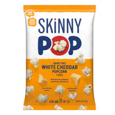 SkinnyPop White Cheddar popcorn in bag front, dairy-free snack for movie nights