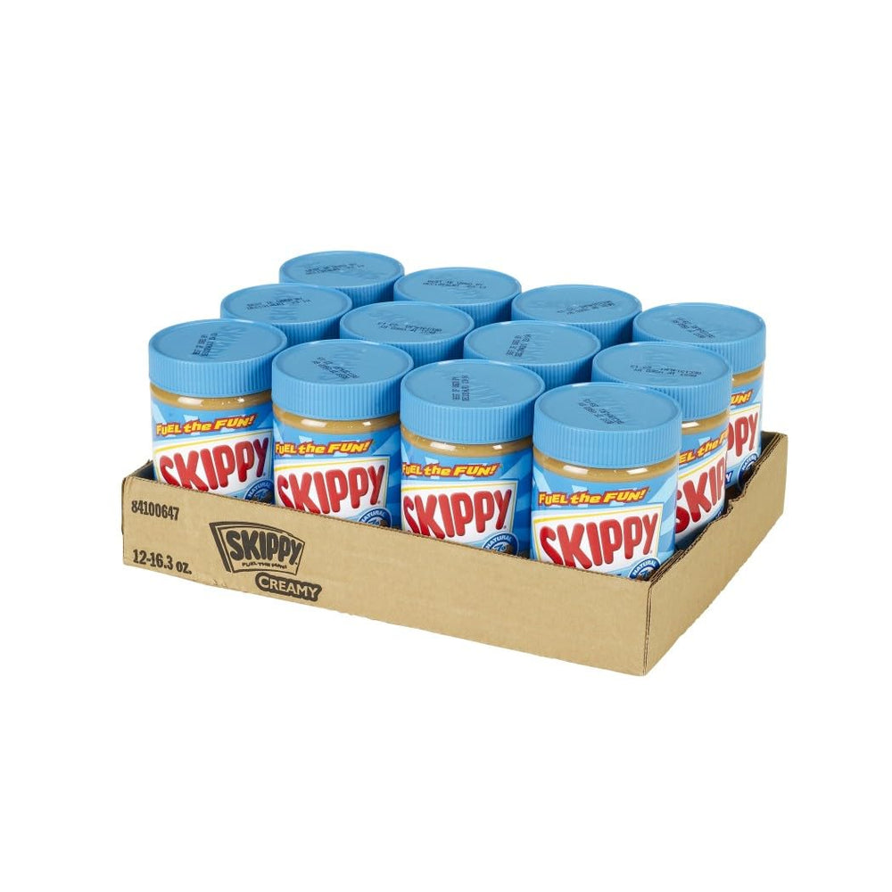 SKIPPY Creamy Peanut Butter jar showing smooth texture for easy spreading.