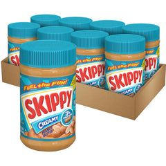 SKIPPY Creamy Peanut Butter jar displaying smooth texture for quick snacking