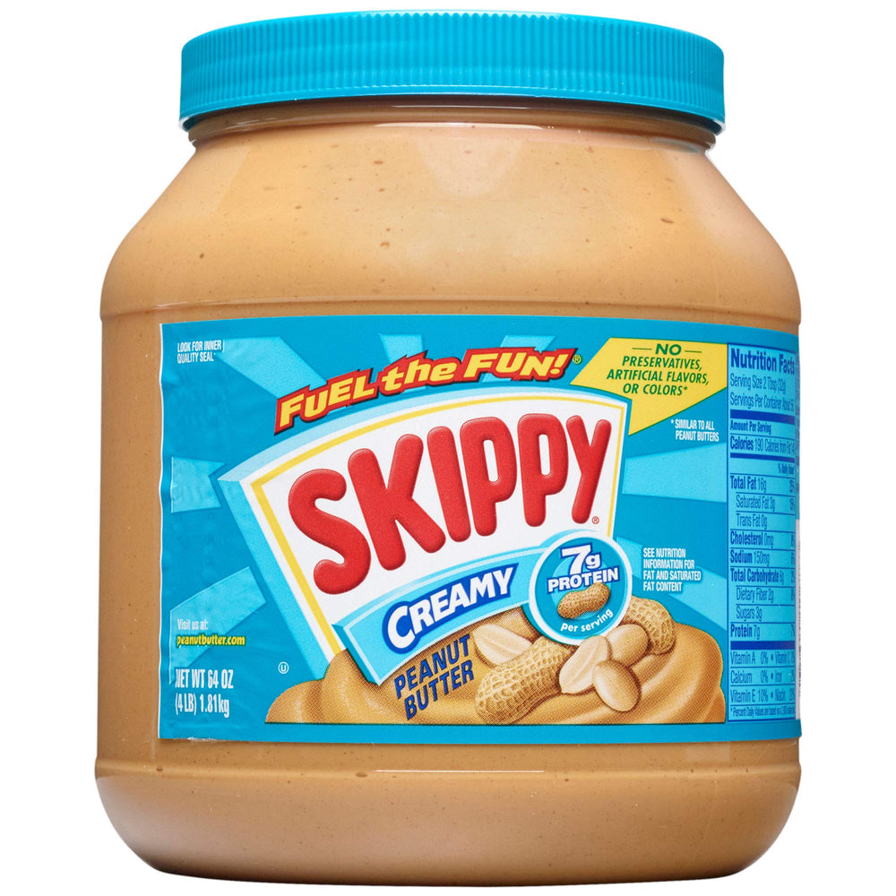 Skippy Creamy Peanut Butter jar close-up, smooth and easy to spread for quick snacks