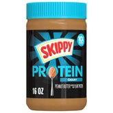 SKIPPY creamy peanut butter with plant protein in a 16oz jar, ready for spreading.