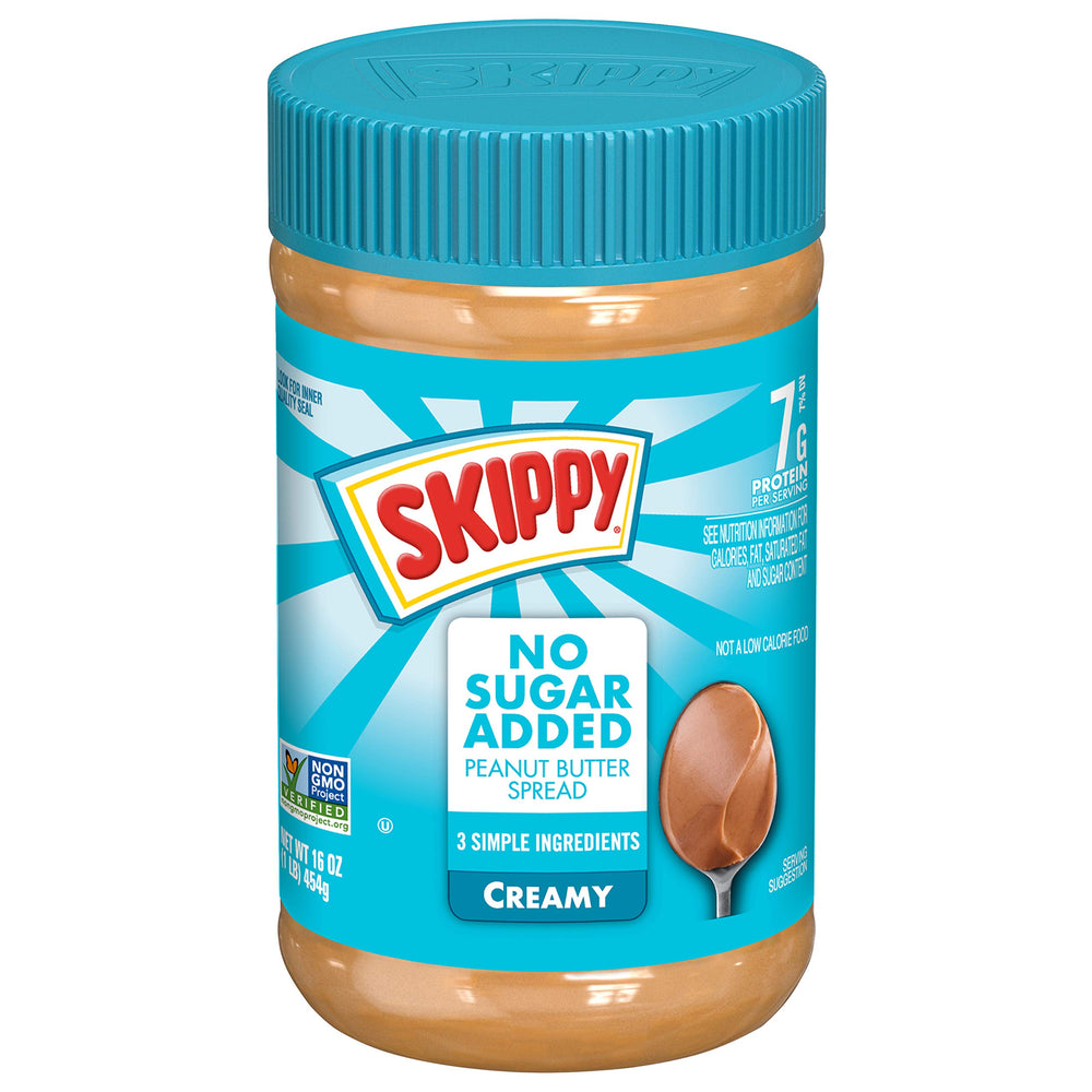 SKIPPY Creamy Peanut Butter Spread jar on the counter highlighting simple three-ingredient recipe for quick snacks.