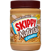 SKIPPY Natural Creamy Peanut Butter jar shows real roasted peanuts for a smooth spread.