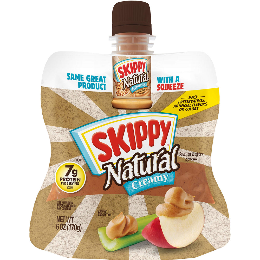 SKIPPY Squeeze natural creamy peanut butter jar pour shows mess-free convenience for on-the-go snacking