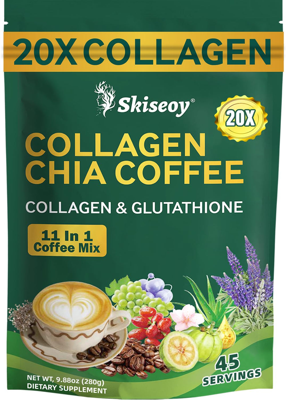 Skiseoy 20x Collagen Chia Coffee cup showing a convenient morning energy boost.
