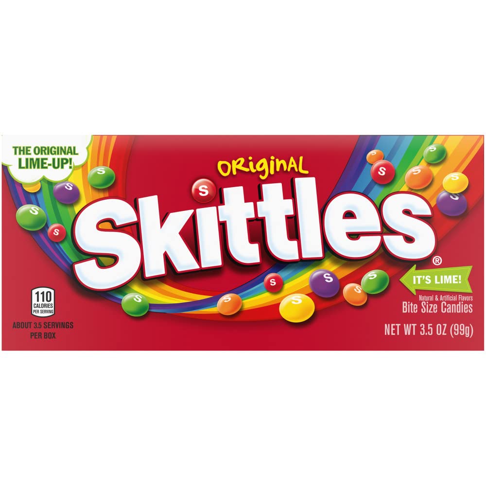 Skittles Original theater box opens colorful candy perfect for sharing.