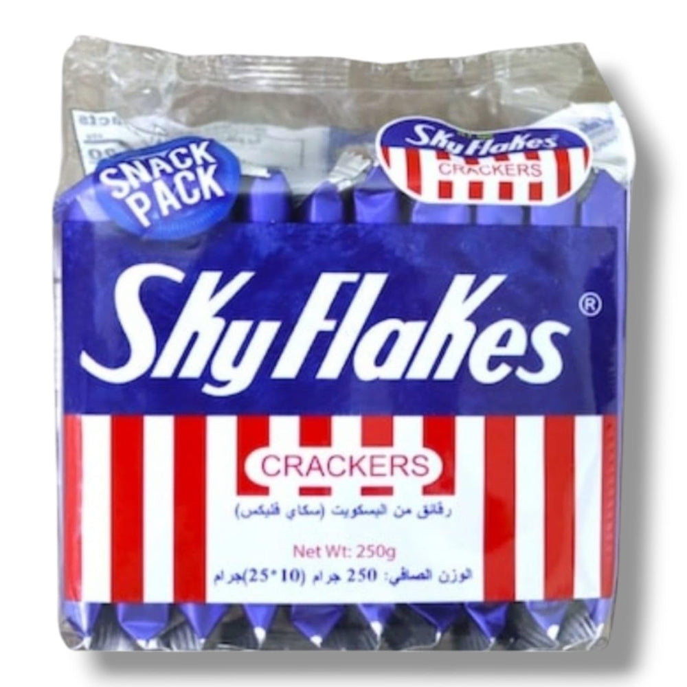 Sky Flakes crackers packaging 7oz showing convenient on-the-go snack option.