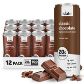 Slate Milk Classic Chocolate can highlights lactose-free protein boost for a quick snack.