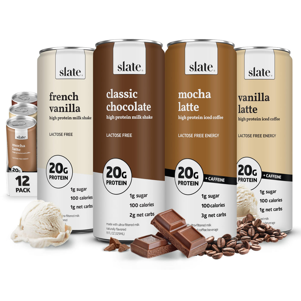 Slate Milk Classic Chocolate can showing creamy high-protein shake.