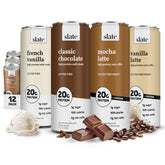Slate Milk Classic Chocolate can showing creamy high-protein shake.