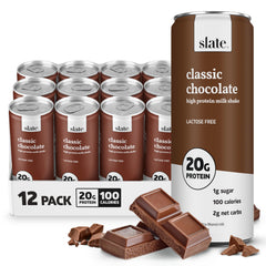 Slate Milk Classic Chocolate can highlights lactose-free protein boost for a quick snack.