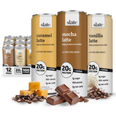 Slate Milk Energy Pack caramel latte can highlighting lactose-free 20g protein for post-workout energy