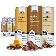 Slate Milk Energy Pack caramel latte can highlighting lactose-free 20g protein for post-workout energy