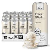 Slate Milk French Vanilla can on counter, lactose-free protein shake for quick breakfast
