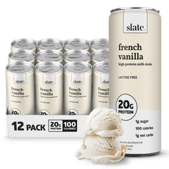 Slate Milk French Vanilla can on counter, lactose-free protein shake for quick breakfast