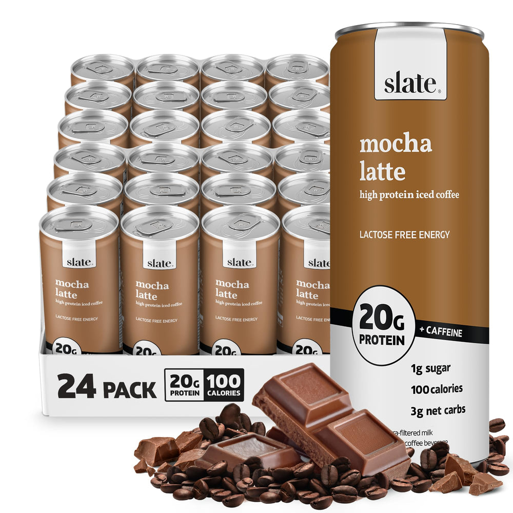 Slate Milk Mocha Latte can, a ready-to-drink protein boost for busy mornings.