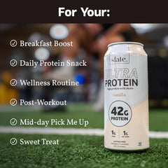 Slate Milk nutrition panel highlights 42g protein and 180 calories.