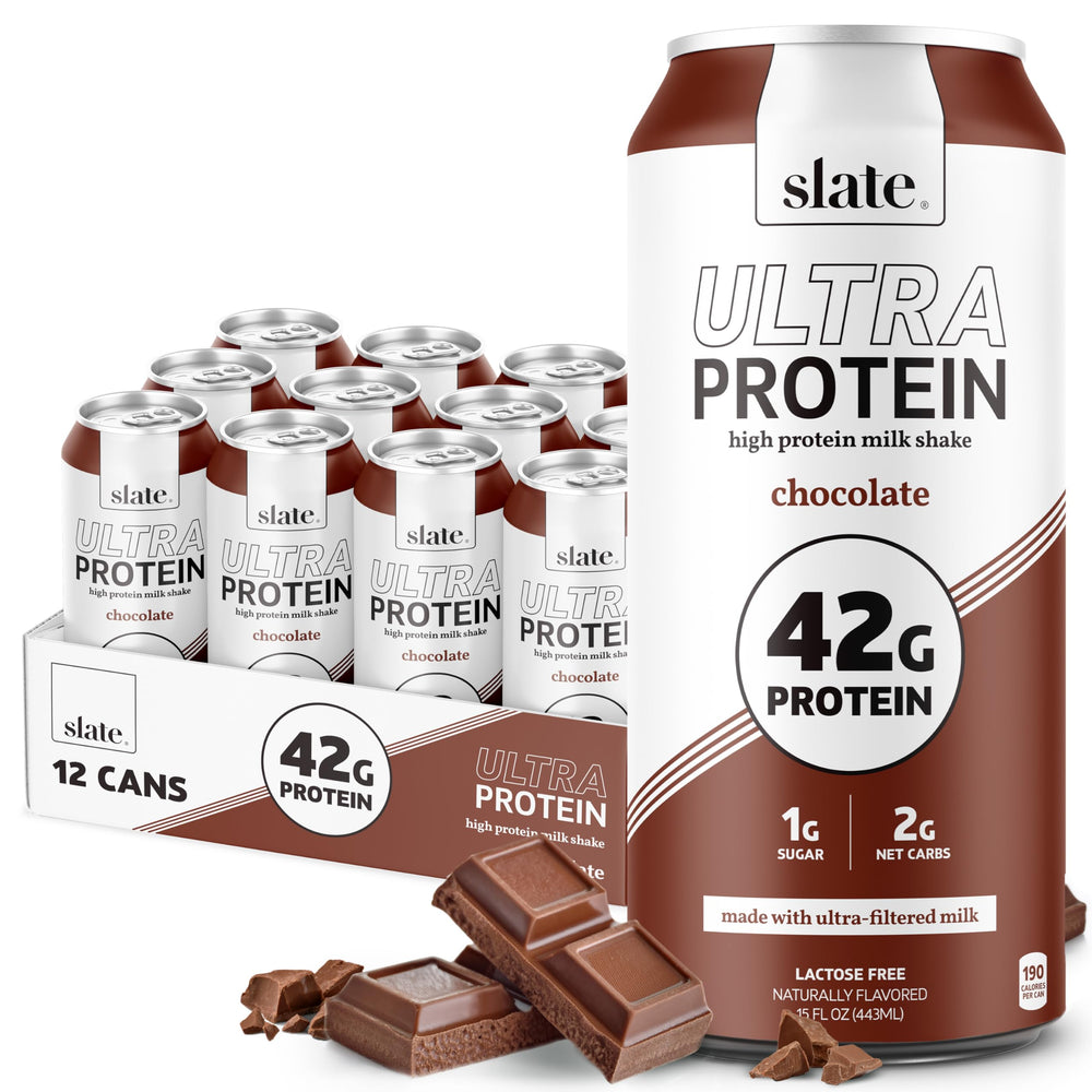 Slate Milk Ultra Protein Shake chocolate 42g protein in a bottle for a strong morning start
