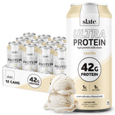 Slate Milk Ultra Protein Shake vanilla bottle shows creamy texture for breakfast boost.