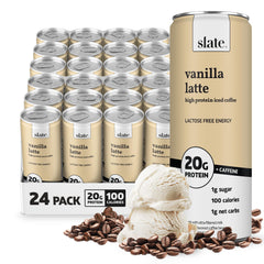 Slate Milk Vanilla Latte can, showcasing ready-to-drink protein coffee on the go
