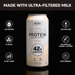 Slate Milk vanilla shake pour in glass highlights smooth lactose-free nutrition.