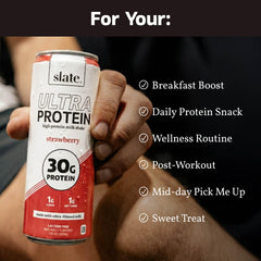 Slate Ultra Protein Shake neapolitan pack display, three flavors at a glance