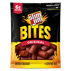 Slim Jim Bites original smoked sausage snacks in a bag for bold flavor on the go.