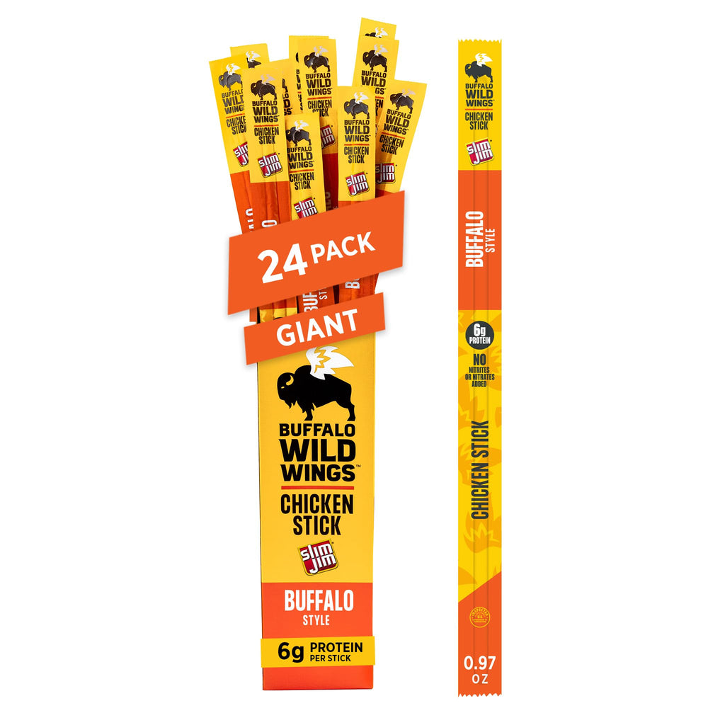 Slim Jim Buffalo-Style Chicken Stick held in hand for on-the-go protein.