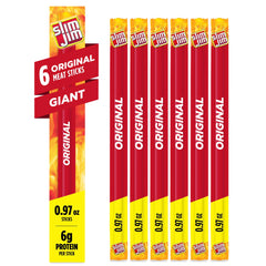 Slim Jim Giant Original snack packaging showing six sticks for on-the-go snacking.