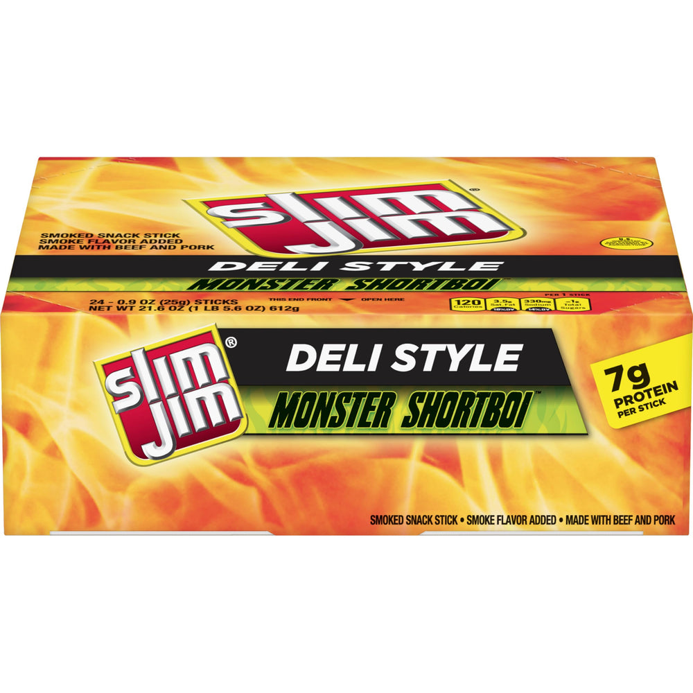 Slim Jim Monster Shortboi box front view highlighting original deli-style flavor