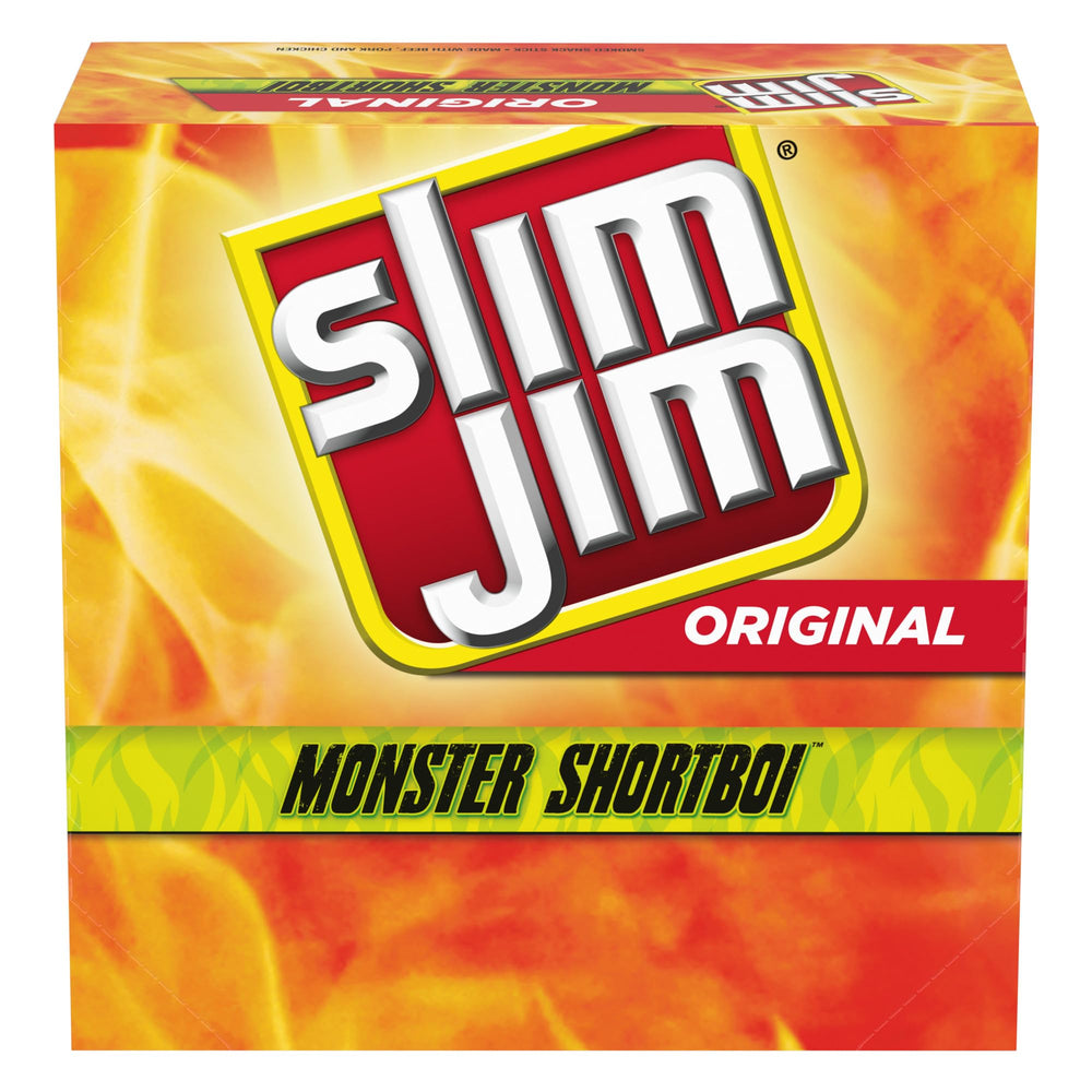 Slim Jim Monster Shortboi original flavor snack stick on the go, protein-friendly.