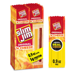 Slim Jim Original 'N Cheese smoked stick close-up shows beefy flavor and cheddar, ideal grab-and-go snack.