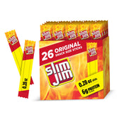 Slim Jim Original smoked snack stick box front for bold on-the-go flavor.