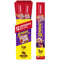 Slim Jim Savage Original box front with bold branding for on-the-go protein.