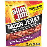 Slim Jim Smoked Bacon Jerky Hickory Flavor pack showing resealable bag for on-the-go snacks