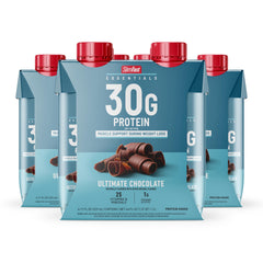 SlimFast Essentials chocolate shake bottle showing convenient protein source for daily nutrition.
