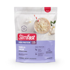 SlimFast high-protein meal replacement powder vanilla cream tub with 20g protein per serving.
