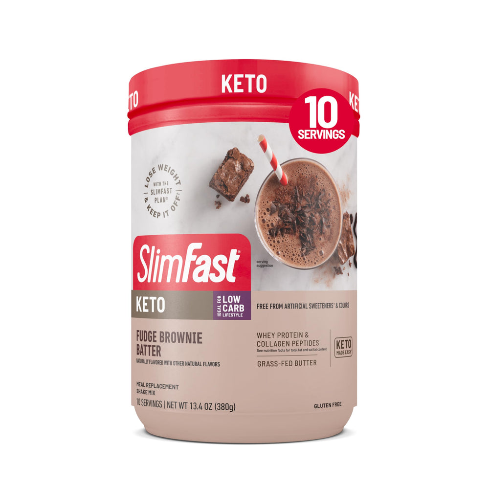 SlimFast Keto shake canister with fudge brownie batter, a convenient keto-friendly meal replacement