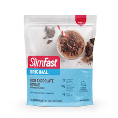 SlimFast Original Chocolate Royale canister shown for quick meal replacement.