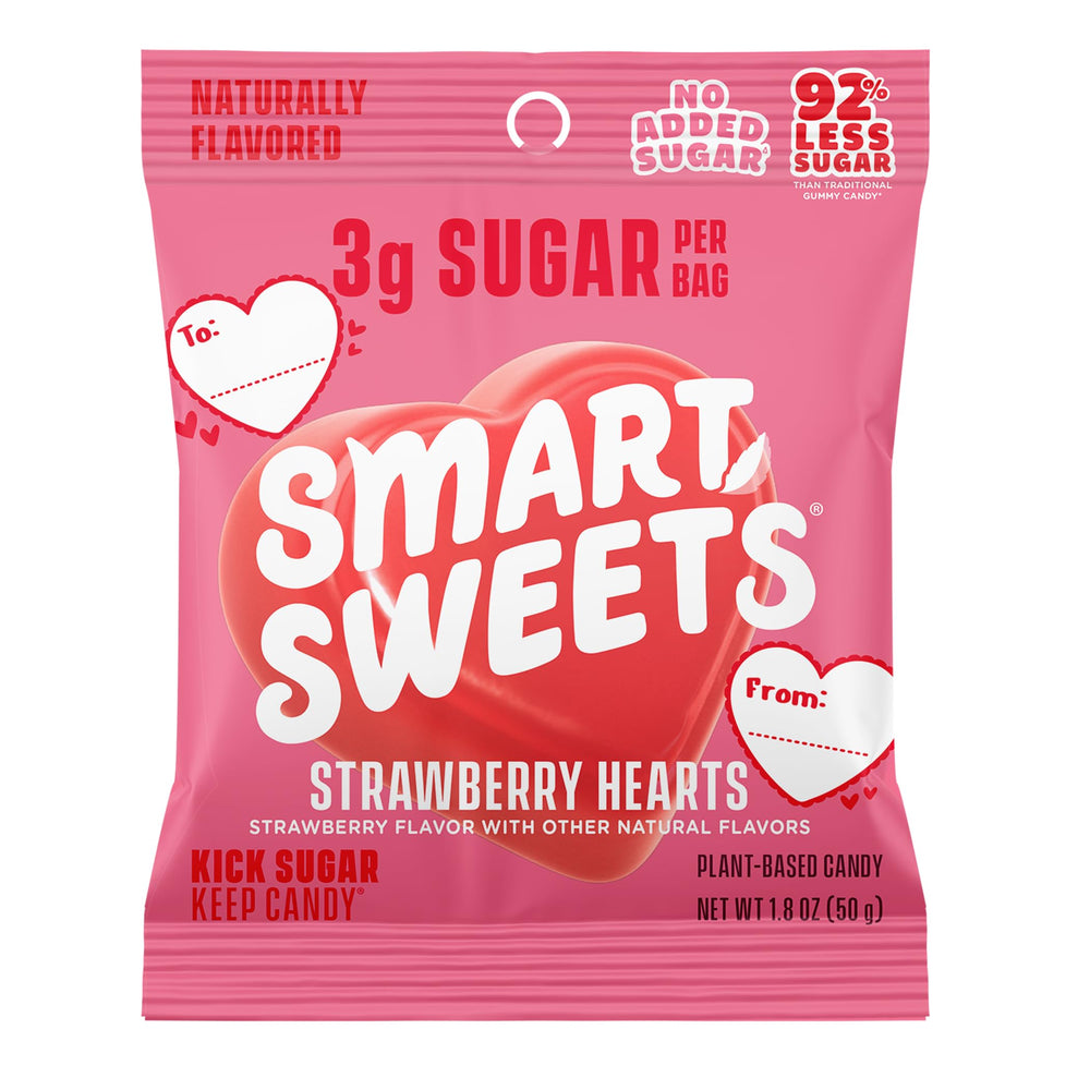 SmartSweets Strawberry Hearts pack shot showing convenient 14-pack design and low-sugar profile
