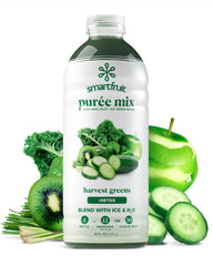 Smartfruit Harvest Greens + Detox bottle on counter, ideal for quick smoothies.