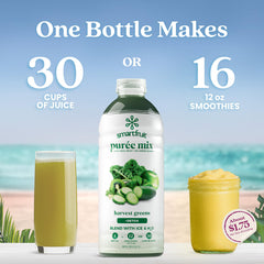 Leafy greens and fruits visible in Smartfruit Harvest Greens + Detox bottle.