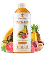 Smartfruit Tropical Harmony Aloe bottle on counter, ideal for adding real fruit puree to smoothies.