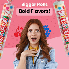Assorted flavors inside Smarties Mega Rolls in close up