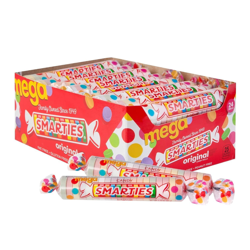 Smarties Candy Mega Rolls box front, vibrant packaging for gifting