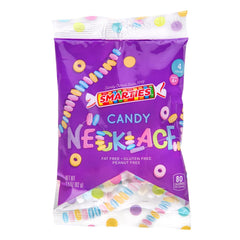 Smarties Candy Necklace showing four colorful necklaces on a stretch string for birthdays.